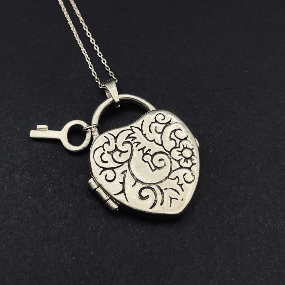 Large Sterling‎ Silver Heart Locket with Key Charm Necklace Engraved Scrollwork